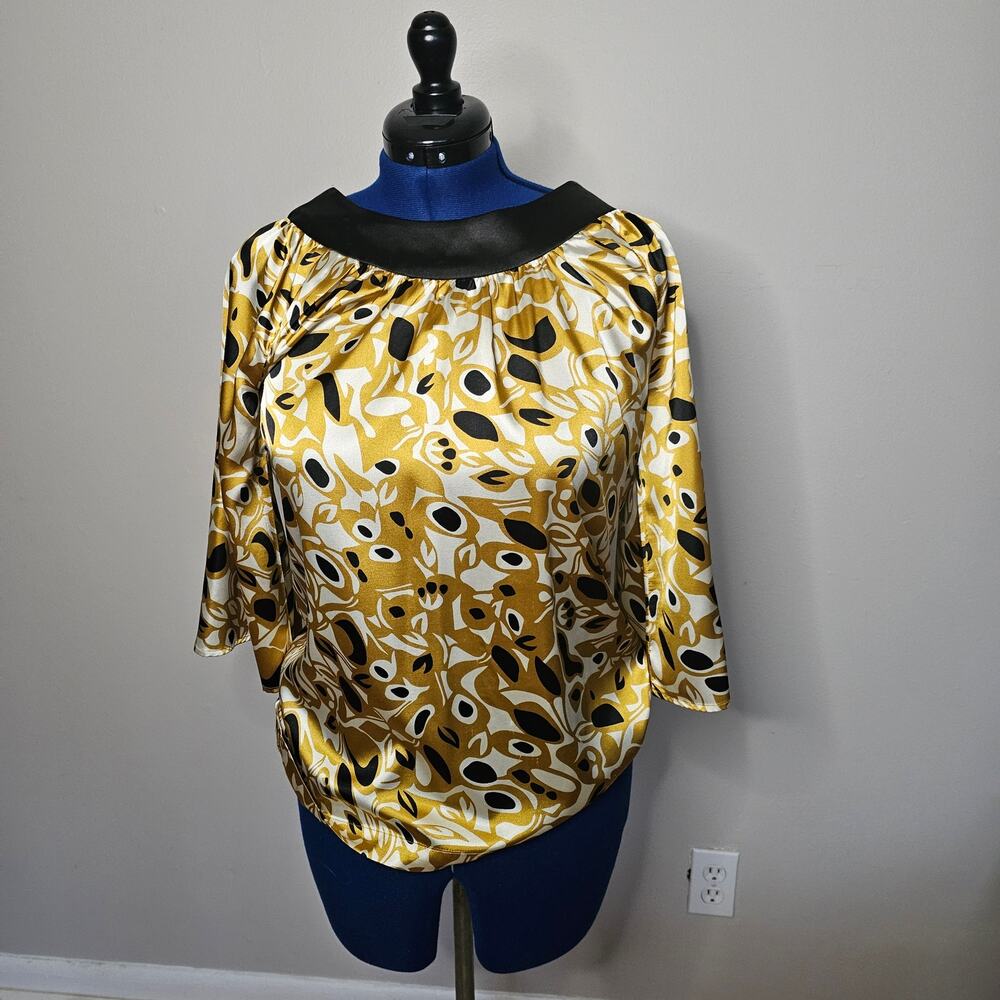 BCBG Max Azria Gold & Black Abstract Satin Blouse Size M
